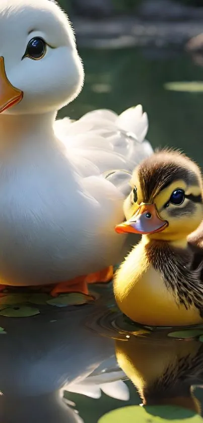 Cute duckling with white duck by the pond.