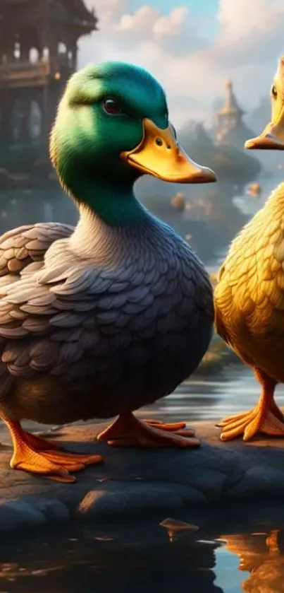 Charming duo of ducks by a tranquil lake at sunset.