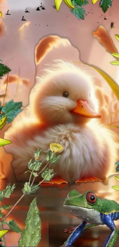 Cute fluffy duckling with frog and flowers.