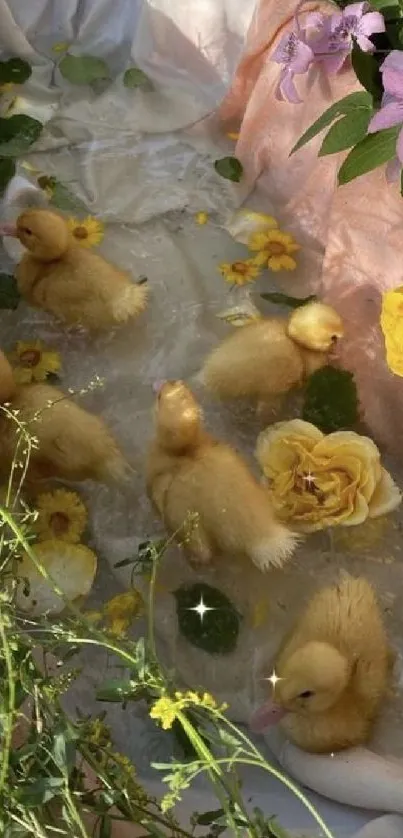 Adorable ducklings enjoy a floral bath amidst colorful blossoms.