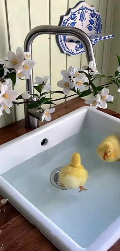 Adorable ducklings playing in a white sink with flowers.