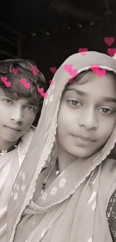 Young couple with heart filter and charming expressions.