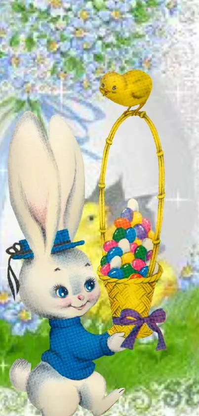 Whimsical Easter bunny holding a colorful egg basket with a cute yellow chick.