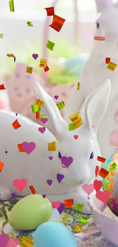 Charming Easter bunnies with pastel eggs and floral decor.