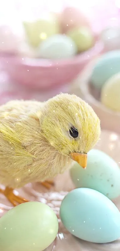 Charming pastel Easter chick with eggs on mobile wallpaper.