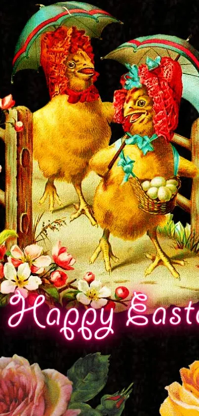 Vintage Easter chickens with bonnets and flowers on festive wallpaper.