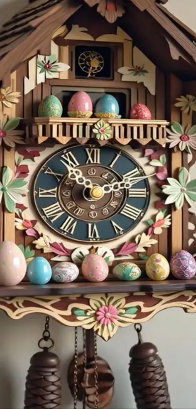 Charming cuckoo clock with Easter decorations and floral patterns.