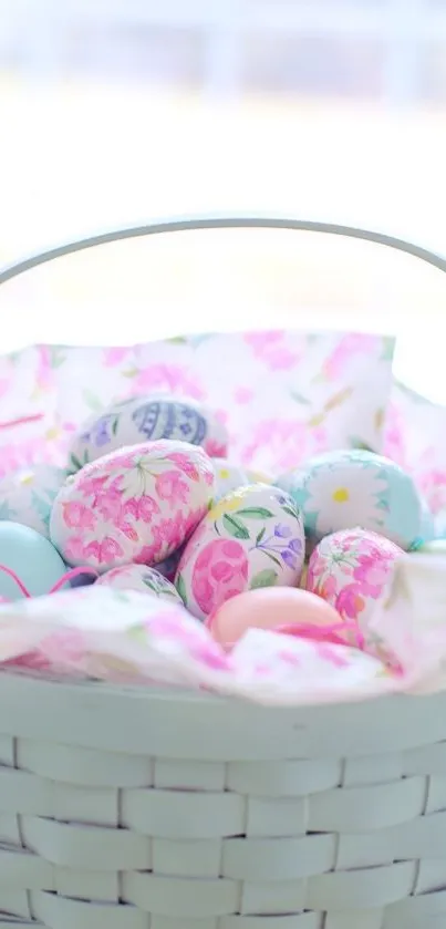 Pastel Easter basket with decorated eggs.