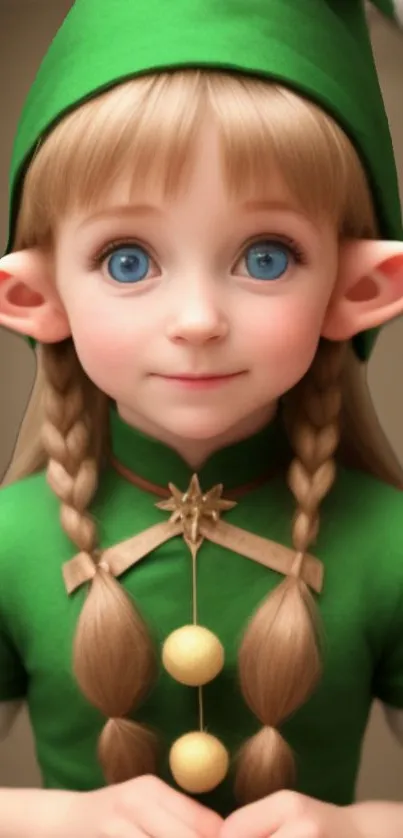 Whimsical elf character with braids in green attire.