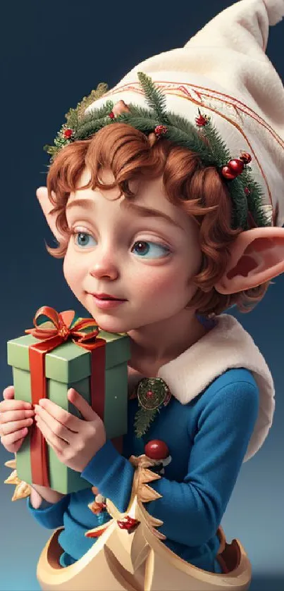 Festive elf holding a present with a playful smile and holiday decorations.