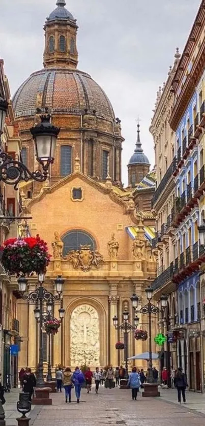 Historic European street with ornate architecture.