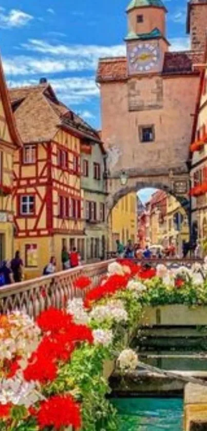 Charming European street with colorful buildings and flowers.