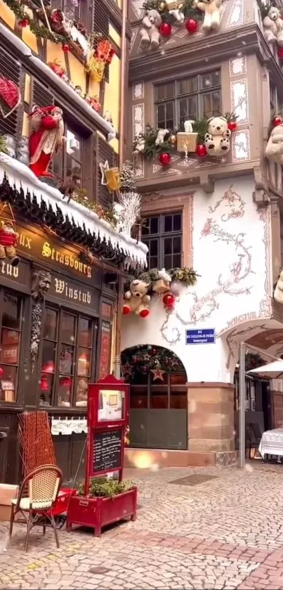 European street with festive decor and cozy vintage charm.