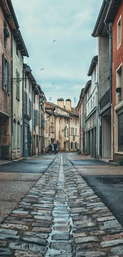 Charming European street with vibrant, rustic buildings and cobblestone path.