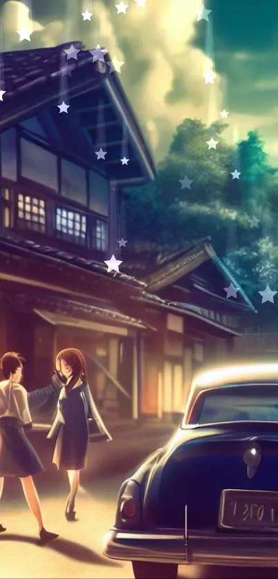 Anime evening scene with stars and vintage car.