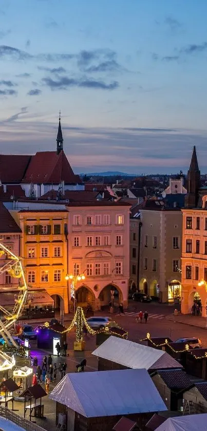 Charming cityscape at twilight with illuminated ferris wheel.
