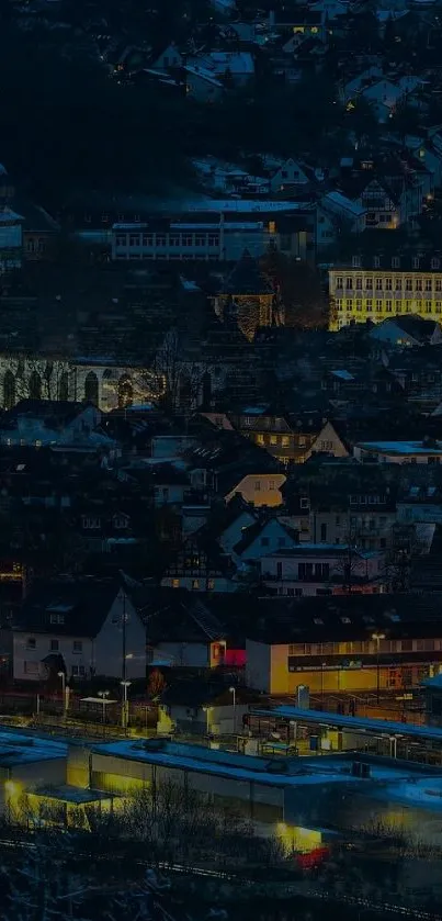 Nighttime cityscape with lit buildings and vibrant urban atmosphere.