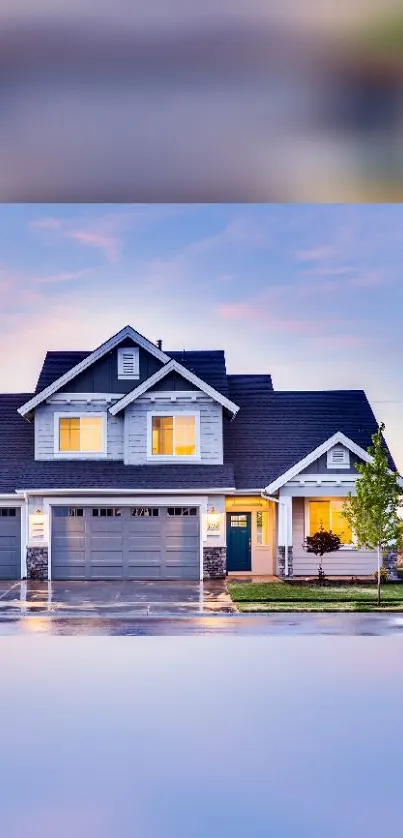 Beautiful suburban home at dusk with a blue sky backdrop.