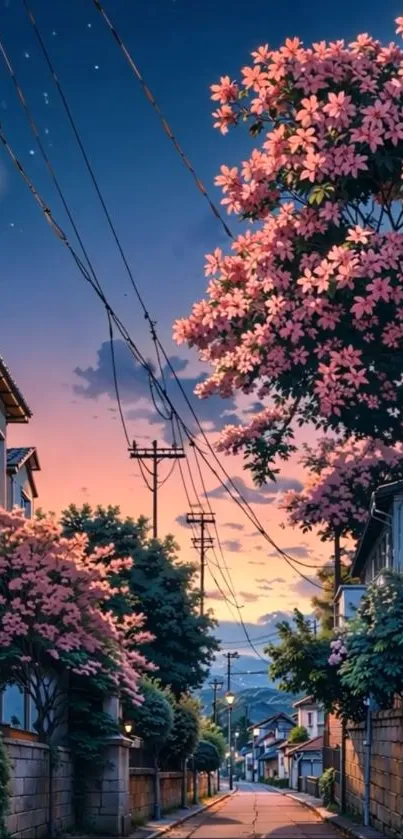 Charming street with pink blossoms at sunset.