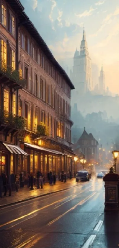 Charming city street in the evening with warm glowing lights.