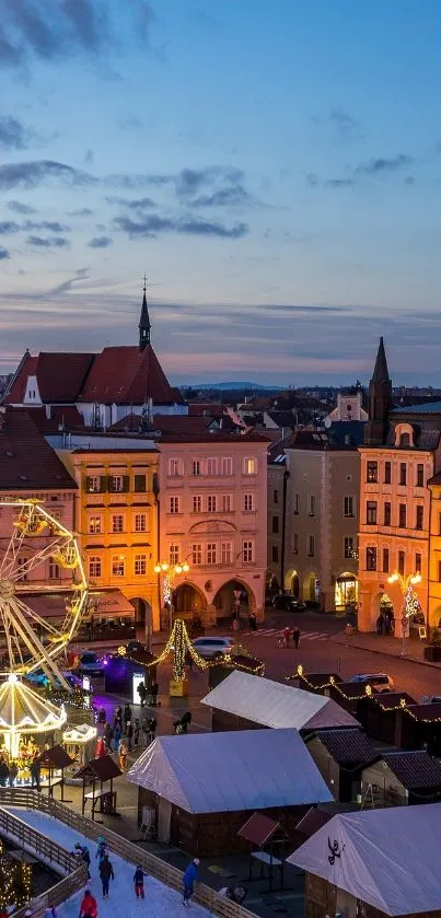 A charming evening townscape with lights and a ferris wheel.