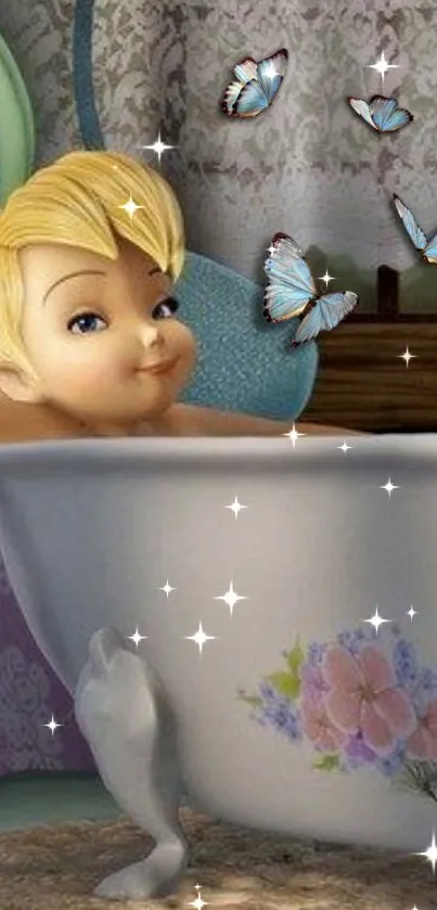 Charming fairy in a bathtub with butterflies and sparkles.