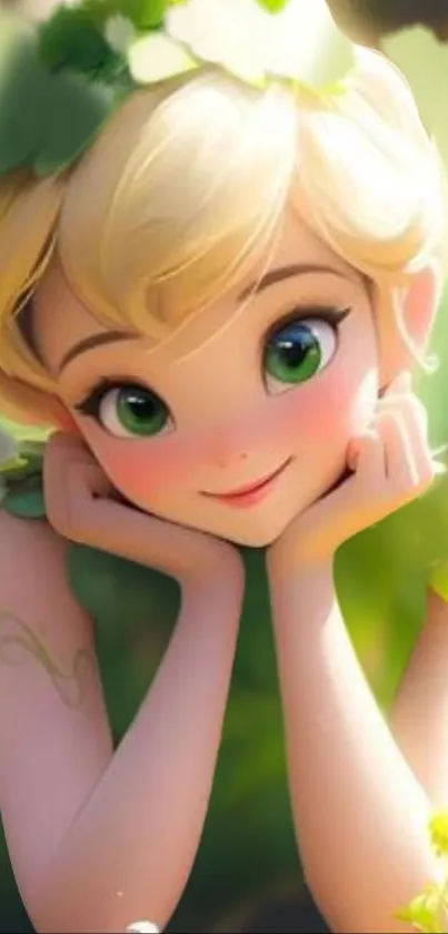 Charming anime fairy with green eyes smiling.