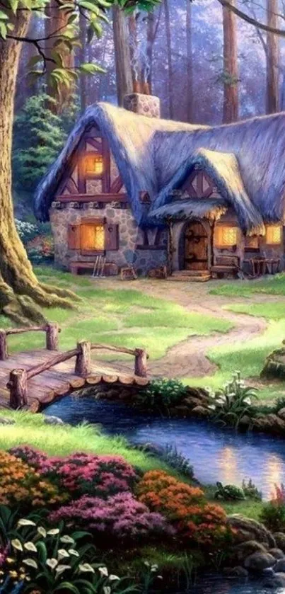 Enchanting forest cottage scene with a river and vibrant flowers.