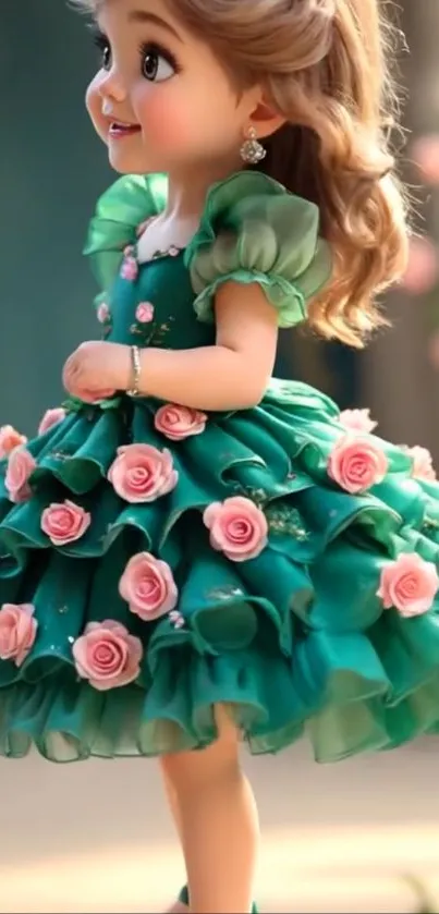 Cute animated girl in a green floral dress with pink roses.