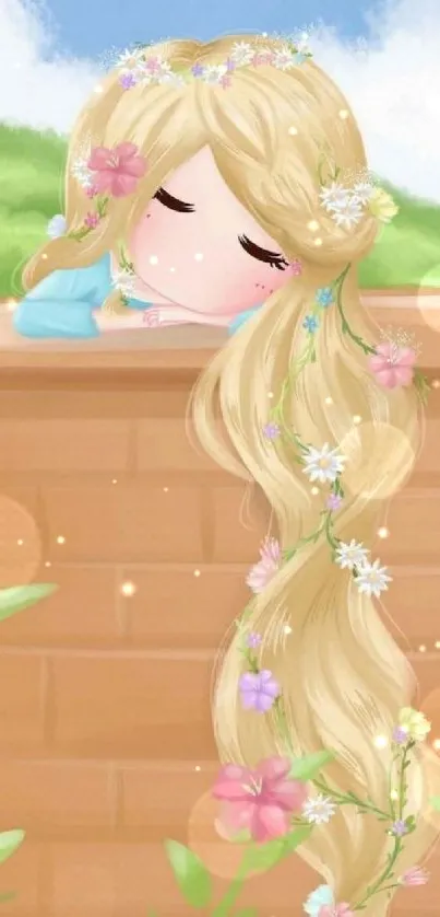 Fairy tale character with flower-adorned hair, resting on a brick wall.