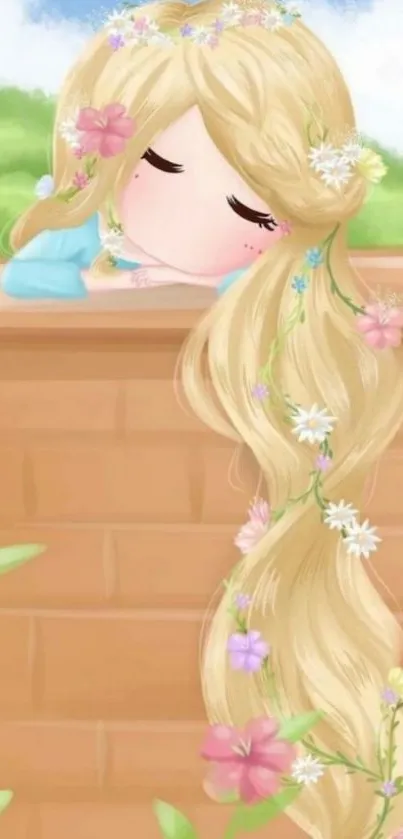 Sleeping cartoon girl with long, flowered hair against a sky backdrop.