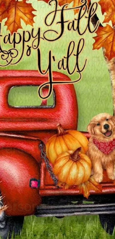 Autumn wallpaper with pumpkins and a dog in a vintage truck.