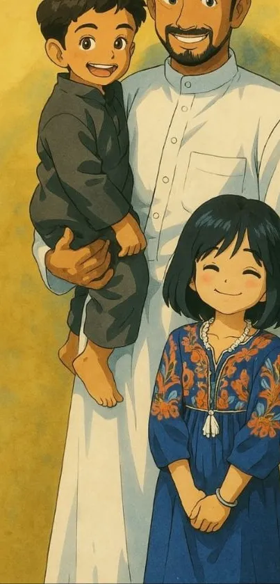 Anime family portrait with two children and a parent.