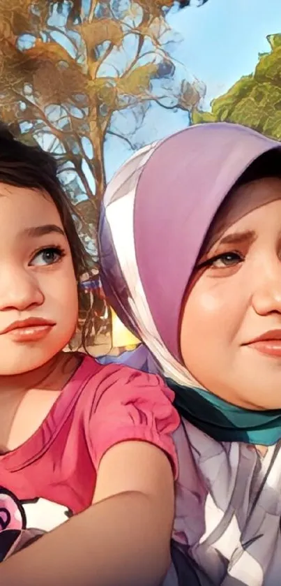 Beautiful illustration of mother and daughter with vibrant colors and soft lighting.