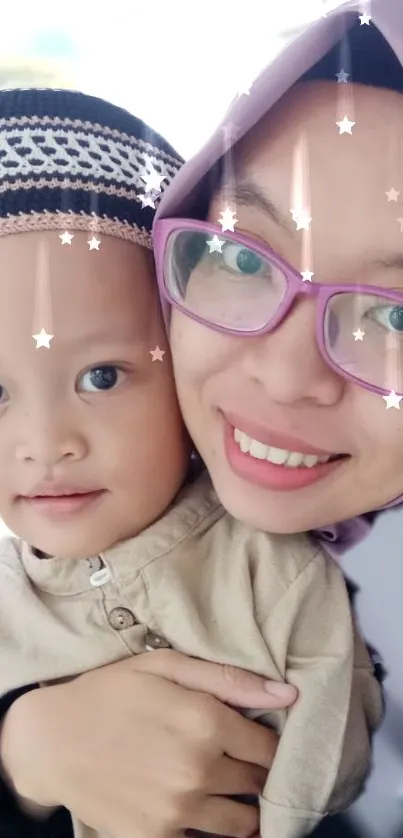 Mother and child with smiling faces and starry overlay on a lavender background.