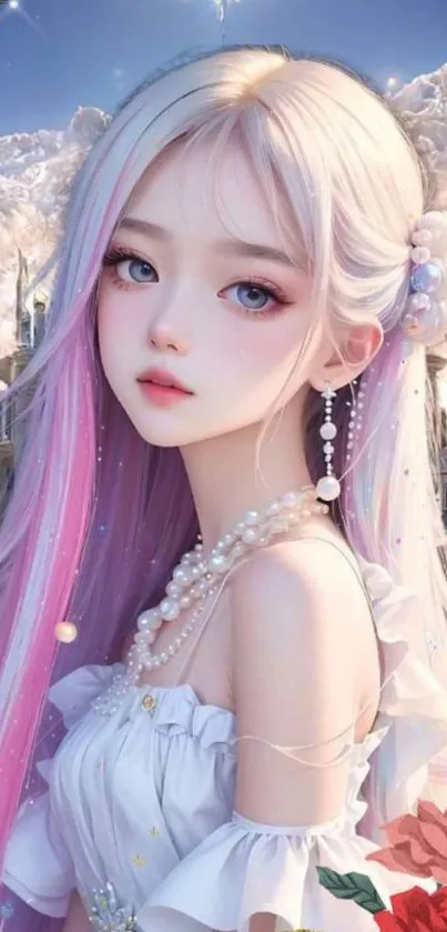 Fantasy character with pink and blue hair in elegant attire.