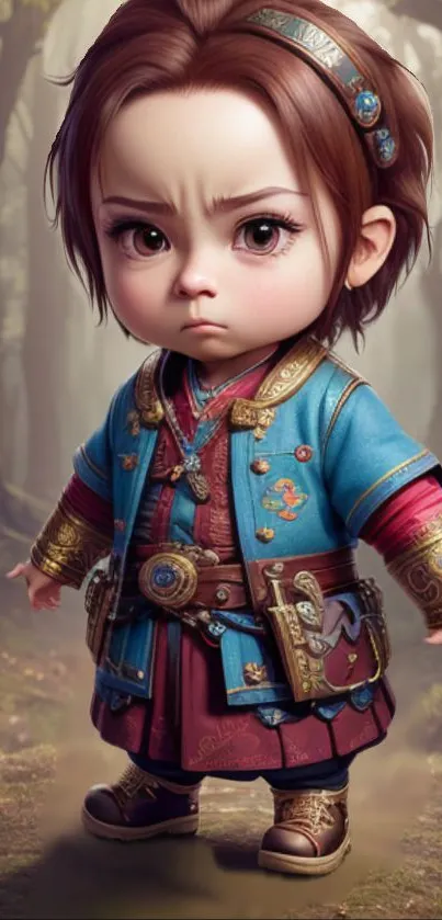 Charming fantasy character in traditional attire standing in a mystical forest.