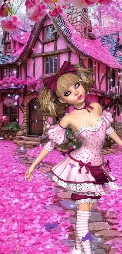 Whimsical cartoon character in pink cottage landscape.