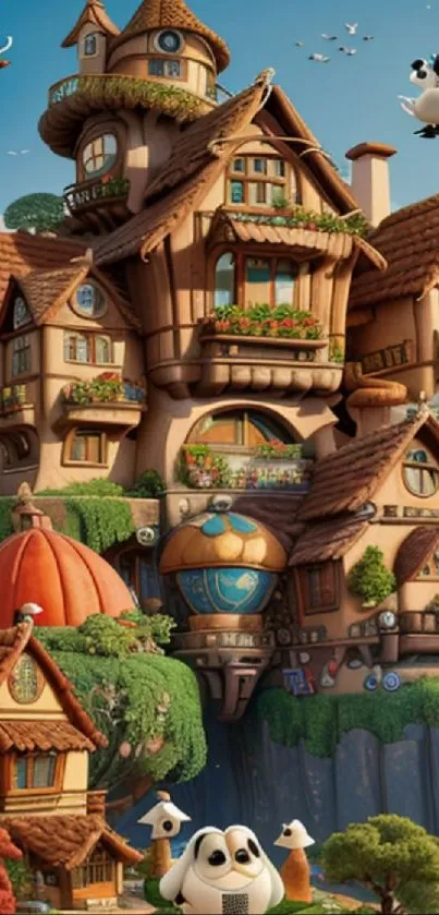 Whimsical fantasy village with playful characters.