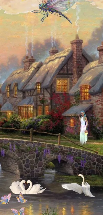 Enchanting fantasy village with swans by the bridge under pastel skies.