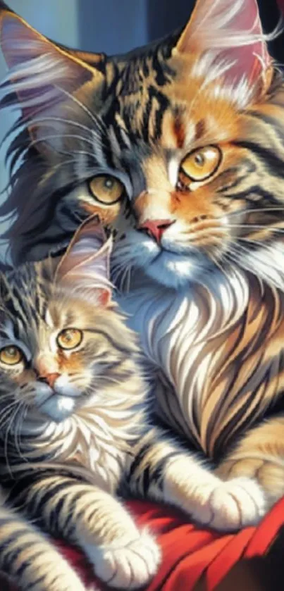 Two fluffy cats with golden eyes and striped fur, perfect phone wallpaper.