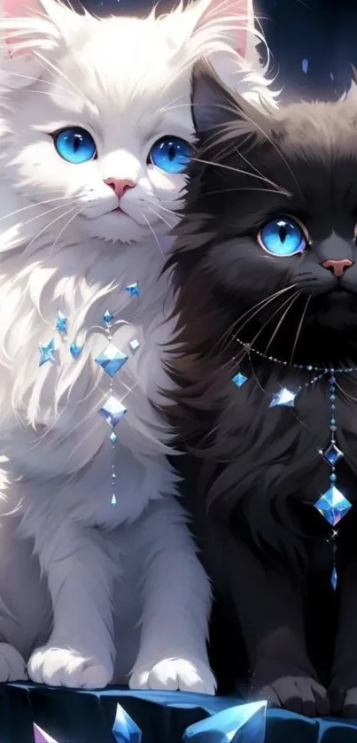 Illustration of two cats with blue eyes and fantasy elements.