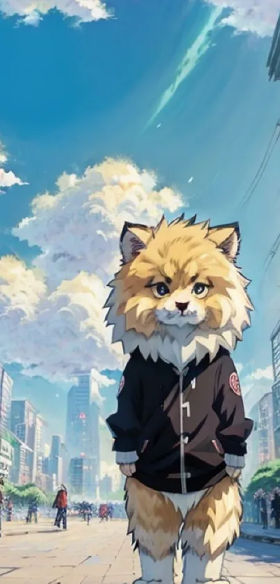 Anime cat wearing hoodie in cityscape with blue sky.