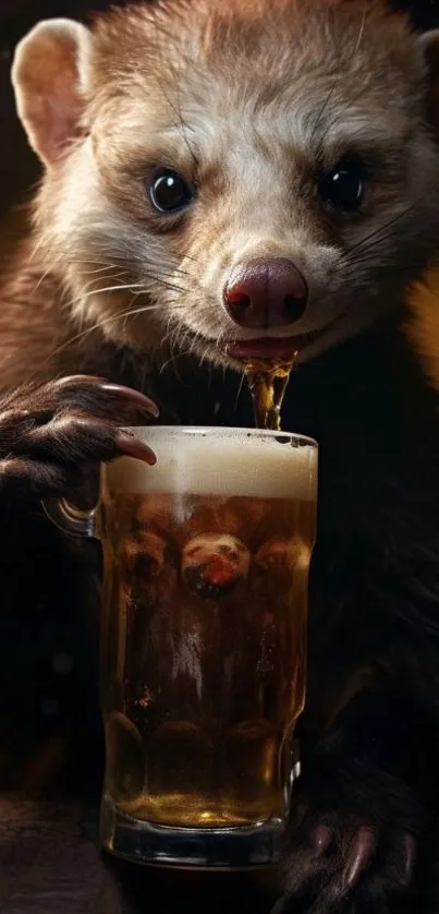 Cute ferret sipping from a beer mug in a quirky wallpaper design.