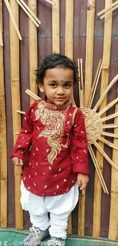 Child in red ethnic attire with bamboo decor.