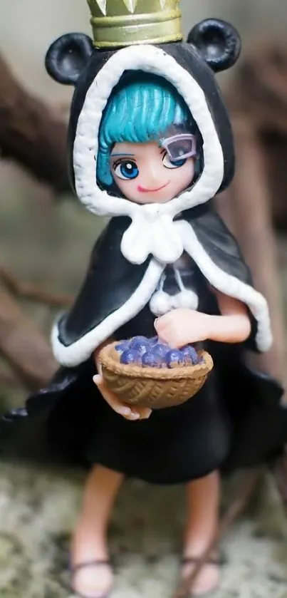 Mobile wallpaper featuring a cute figurine with black hood and crown holding a basket.