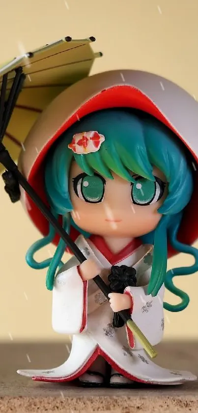 Anime figurine with umbrella in traditional attire, perfect for mobile wallpaper.
