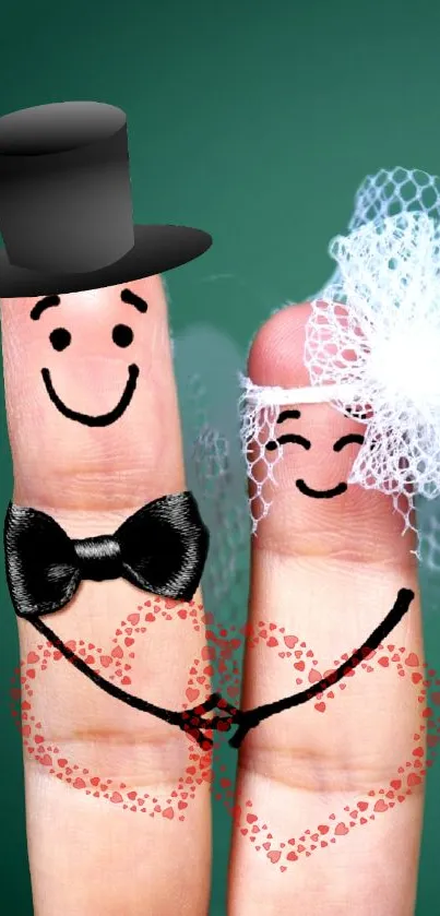 Charming finger couple in wedding attire on a vibrant, green background.