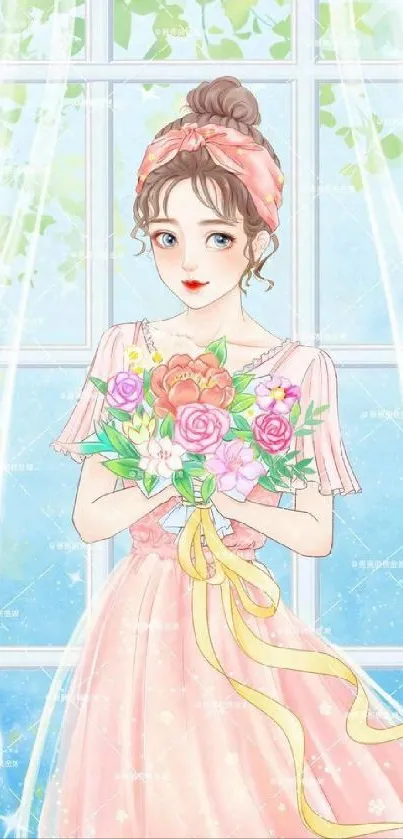 Anime girl in pink dress holding a floral bouquet.