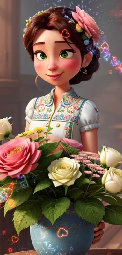 Animated girl with roses in a vase